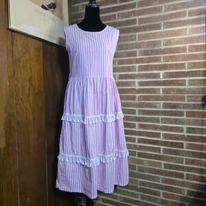 Boutique Pink White Striped Tiered Midi Dress Tassel Trim 100% Cotton Size M